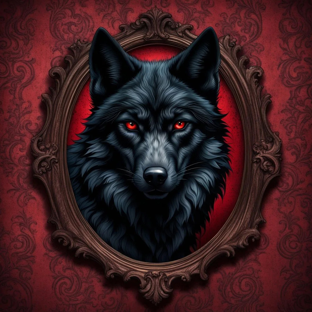 Hyper Realistic Horrifying Black Wolf Portrait with Fancy Frame On Dark Fancy Grungy Red Damask Texture Wall with peeling & vignette effect at night