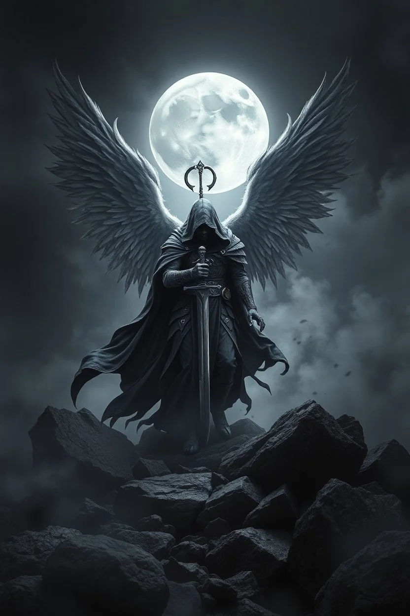 surreal dreamlike scene, stunning warrior fallen angel with sword, mystic gloomy, surreal dark shadows and pale light, stones, rocks, dark vibe, come strom , dark colors, , moon with black darkness, fog, detailed, spalh art, black and white art