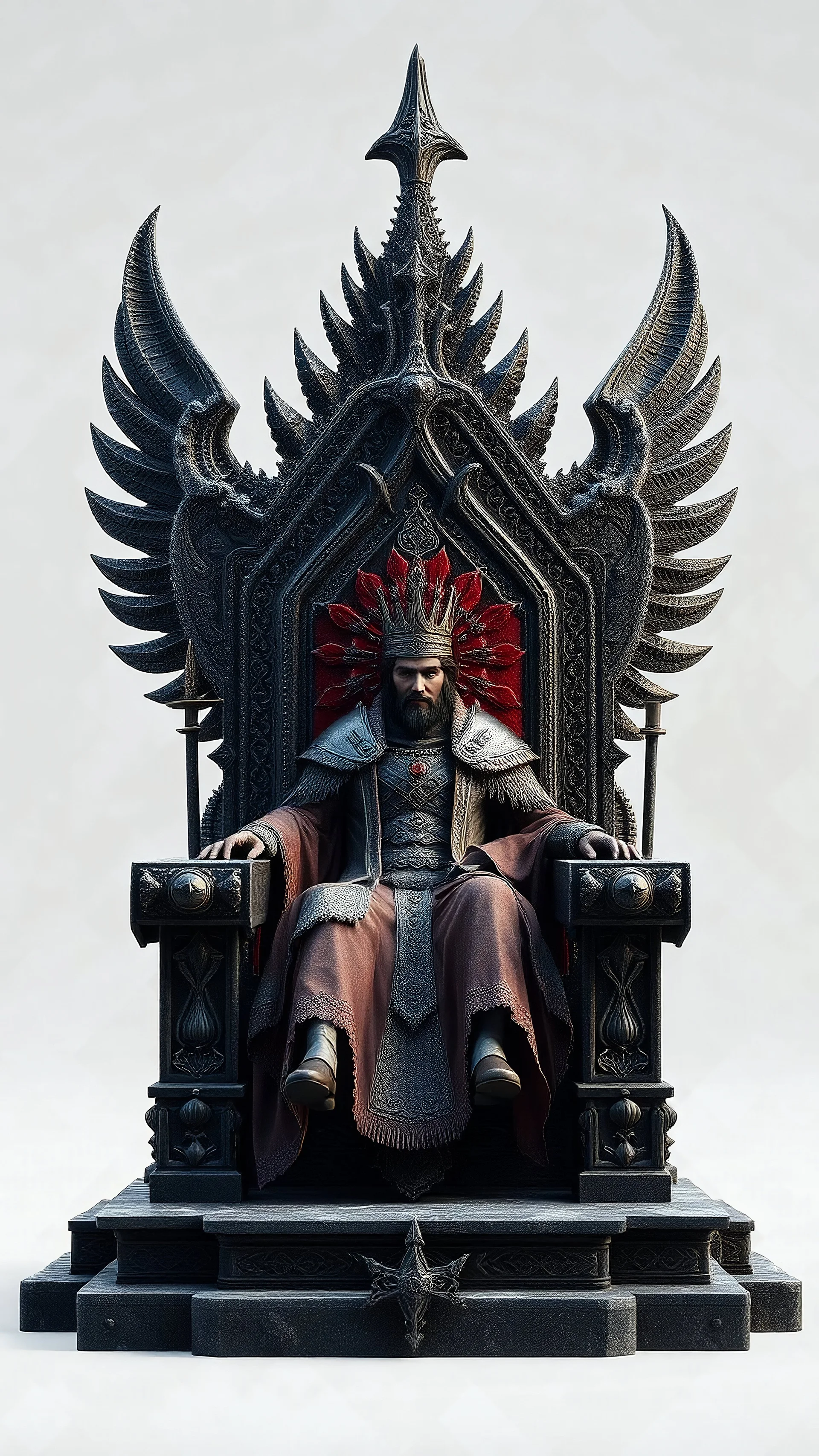 3D rendering of kris kuksi throne. A king setting on the throne, two giant guards behind the throne