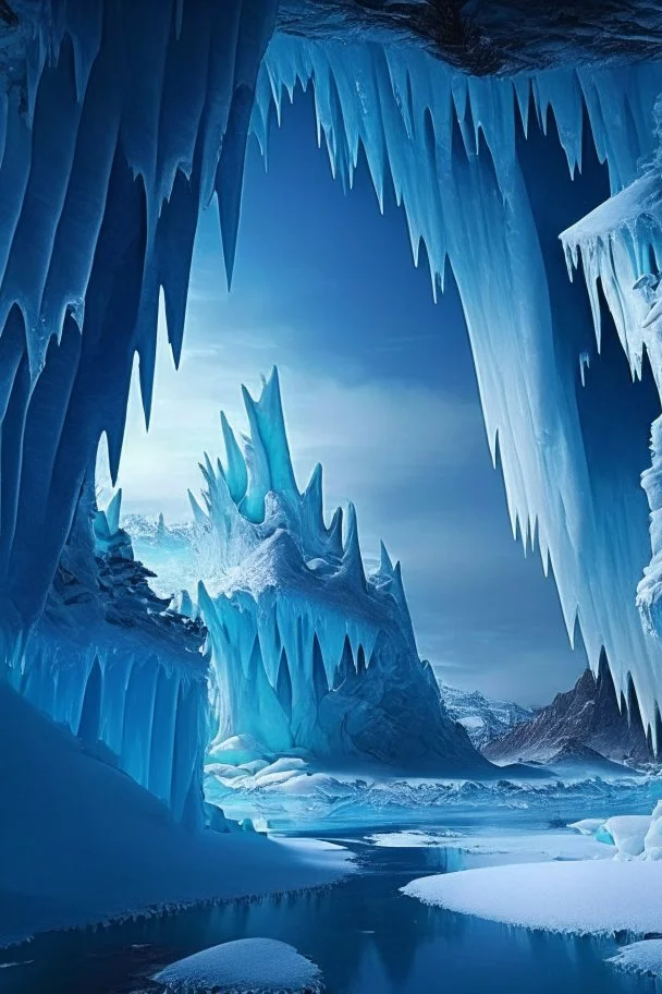 A frozen landscape with a giant frozen caveroof over it