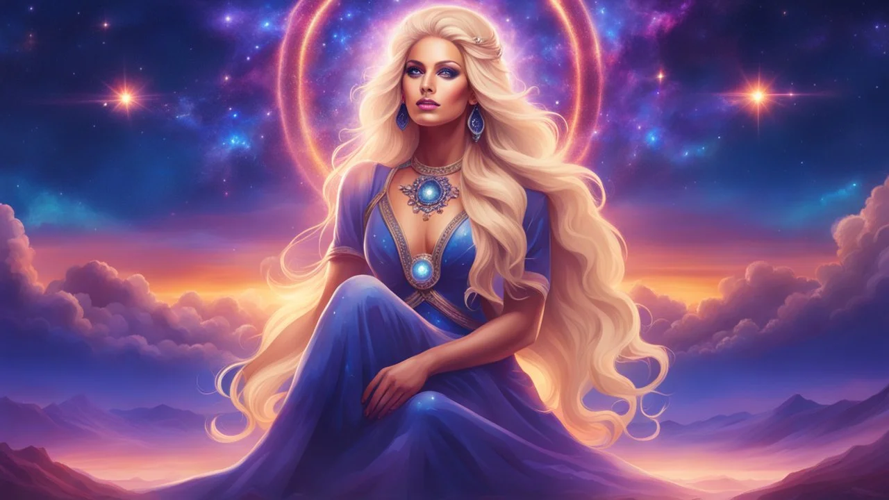 Full body portrait of a peaceful ((smiling)) gorgeous blonde Goddess of the galaxies with a blue indigo purple skin, high skul, luminous eyes, she is in a galactic sunset with a mothership in the sky behind.