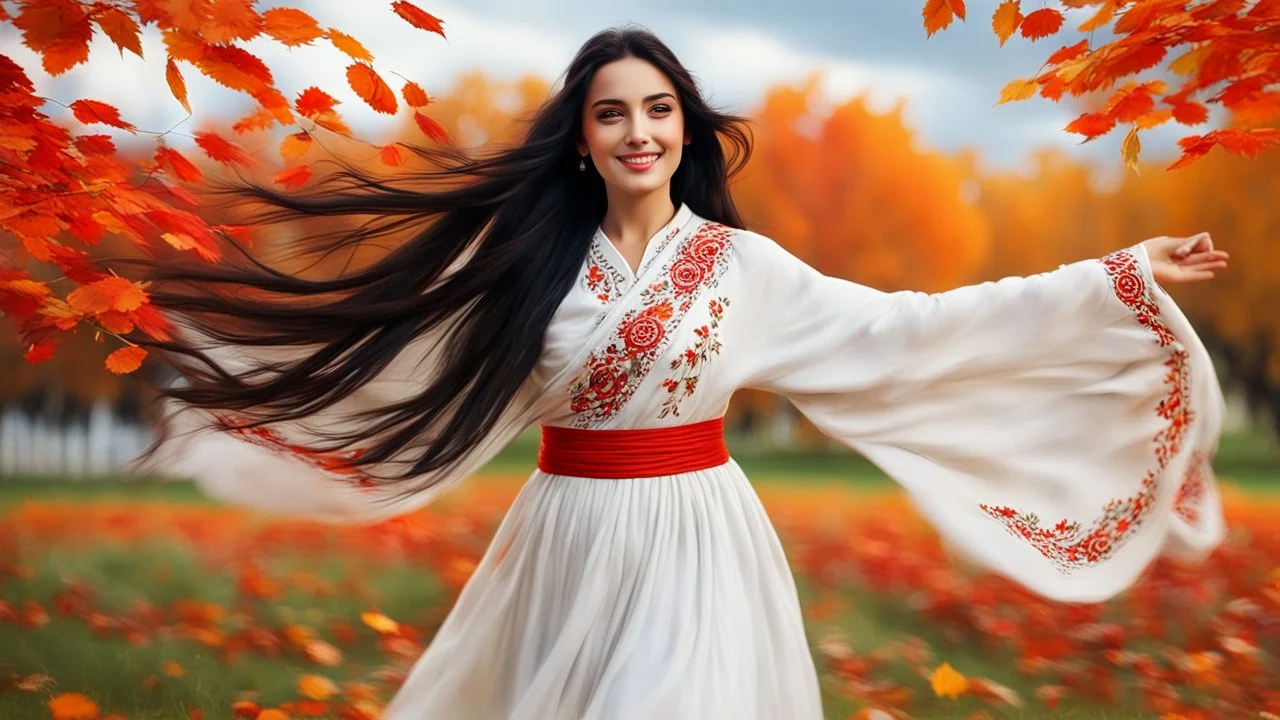 Hyper Realistic Photographic-View of Extremely-Beautiful Young Happy Pashto Girl With Long-Black-Hair-Beautiful-Eyes-&-white-frock-with-red-shawl-with-white-embroidery Whirling-&-smiling in Autumn-Weather with cloudy sky in-an-Autumn-garden-with-orange-leaves-whirling-&-grass-arches showing dramatic & cinematic ambiance.