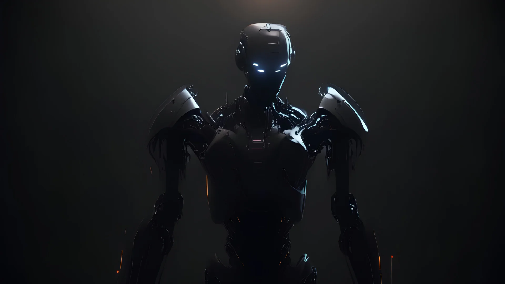 An andro-humanoid concept art robot, 4k render, Dark room aesthetic, Dark, Cold, Light coming from right, Minimal, black bg,