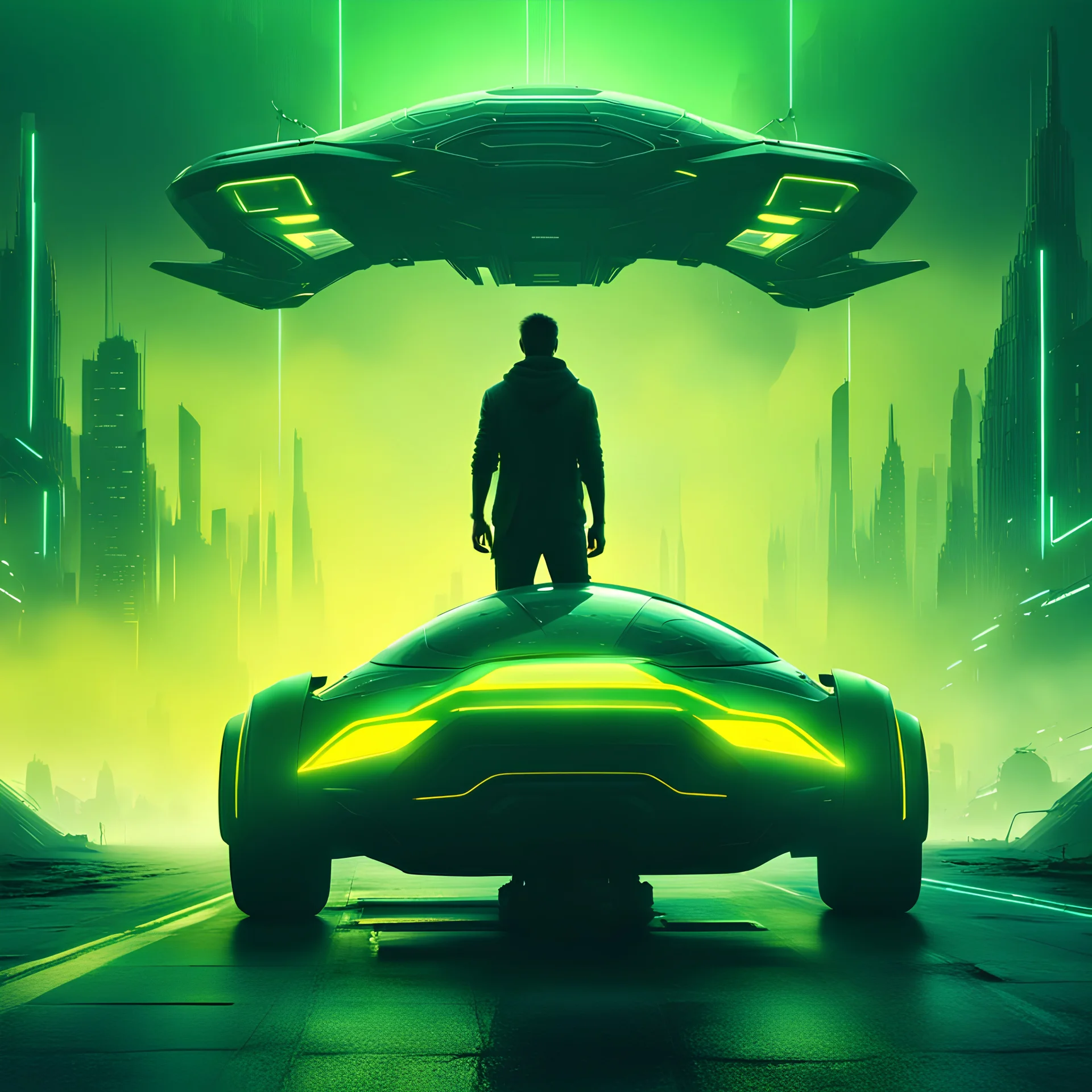 dark futuristic city. roads in the sky. spacecraft in the distance. silhouette of a man standing next to a futuristic hover car. green and yellow mist in the background