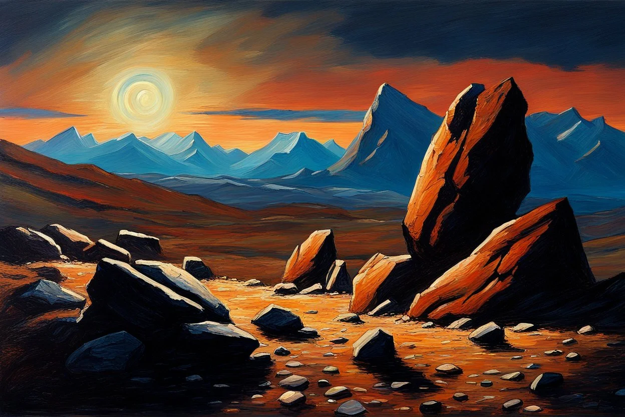 Rocks, night, mountains, 2000's sci-fi movies influence, ludwig dettman impressionism painting