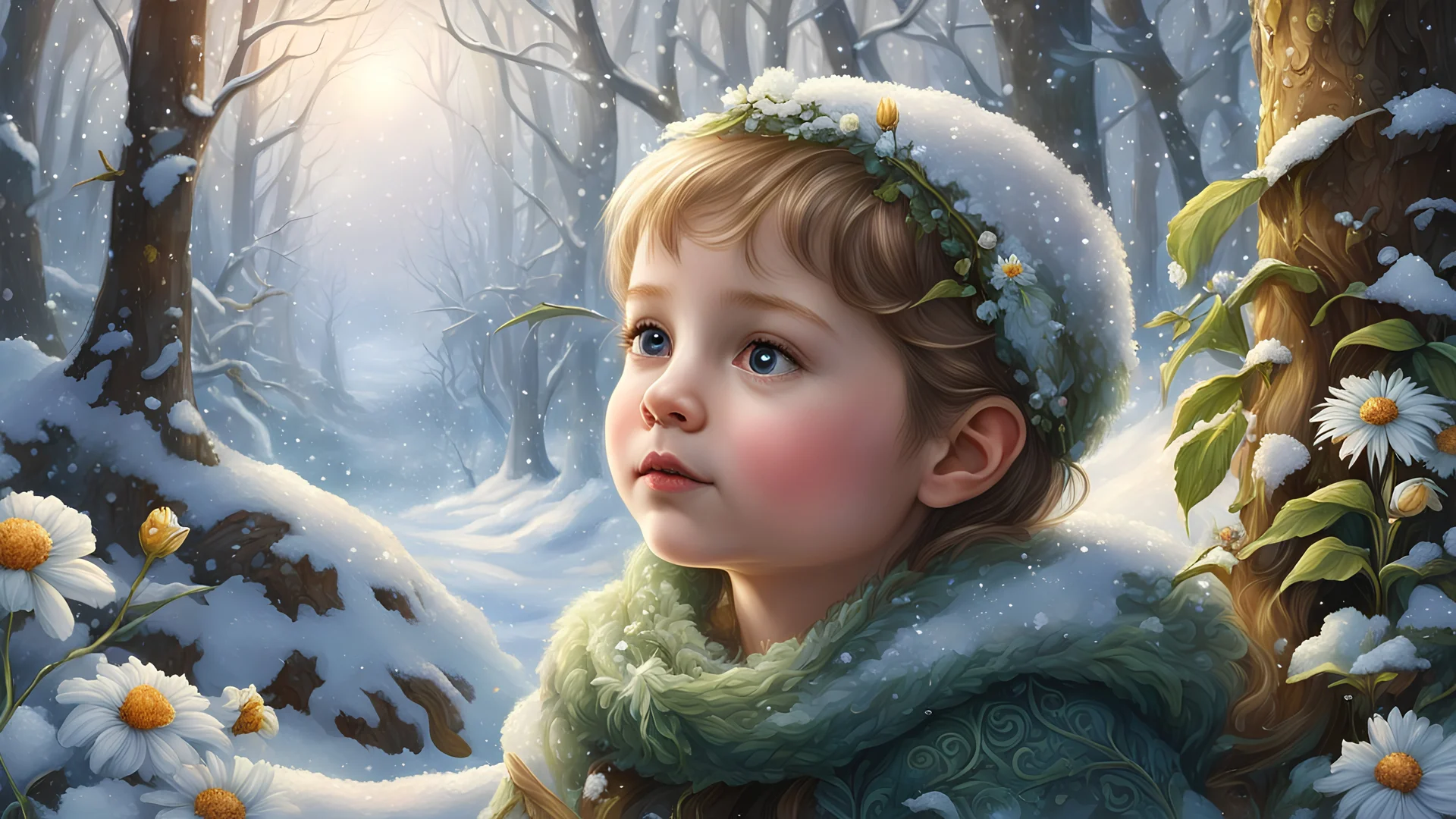 winter, Detailed portrait (1child), (sitting:1.1), (medium full shot), ( forest fairies and flowers:1.1), Jack & the Beanstalk, Fairytale illustration, perfect composition, artstation trend, sharp focus, studio photo, complex details, highly detailed