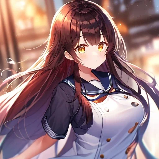 Clear focus,High resolution, Vibrant Red long straight hair, and yellow eyes, wearing a Sailor uniform
