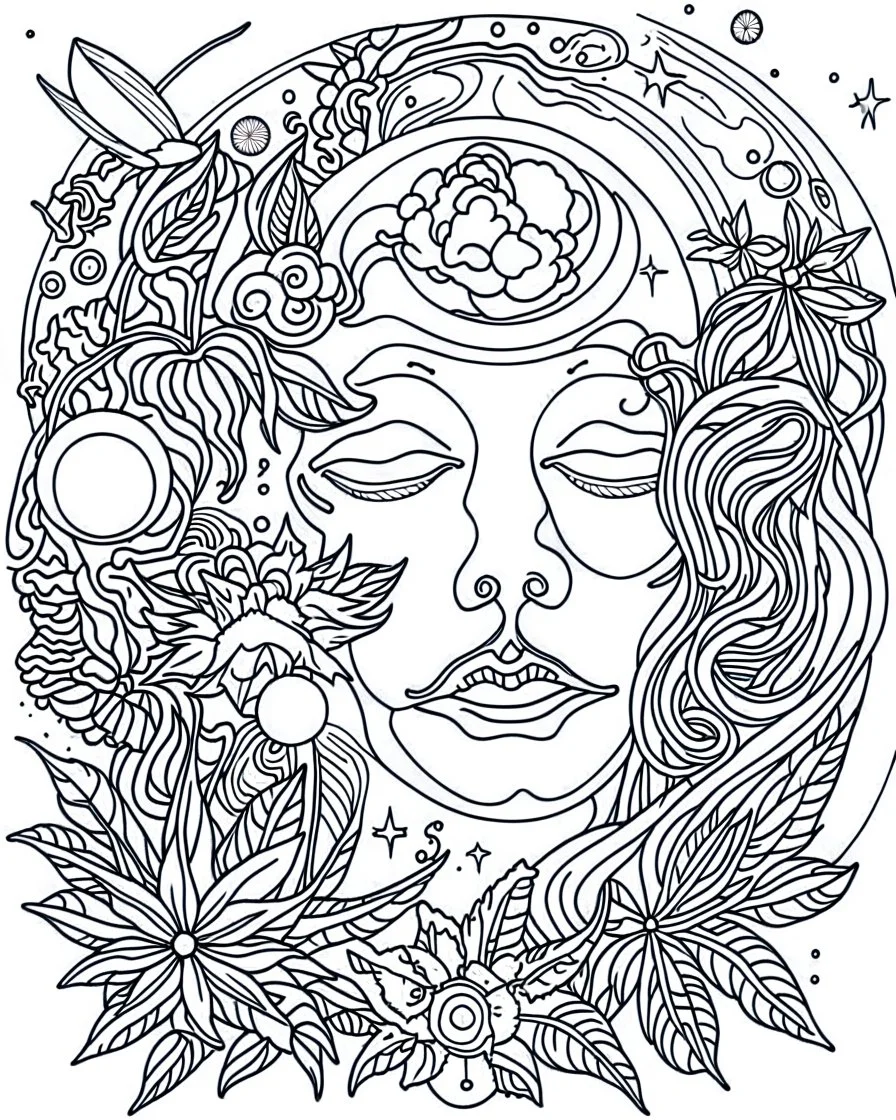 outline art for stoners coloring pages with A very simple and minimal design featuring A trippy cosmic journey through space, with planets and stars morphing into cannabis leaves, white background, sketch style, fully body, only use outline, mandala style, clean line art, white background, no shadows and clear and well outlined