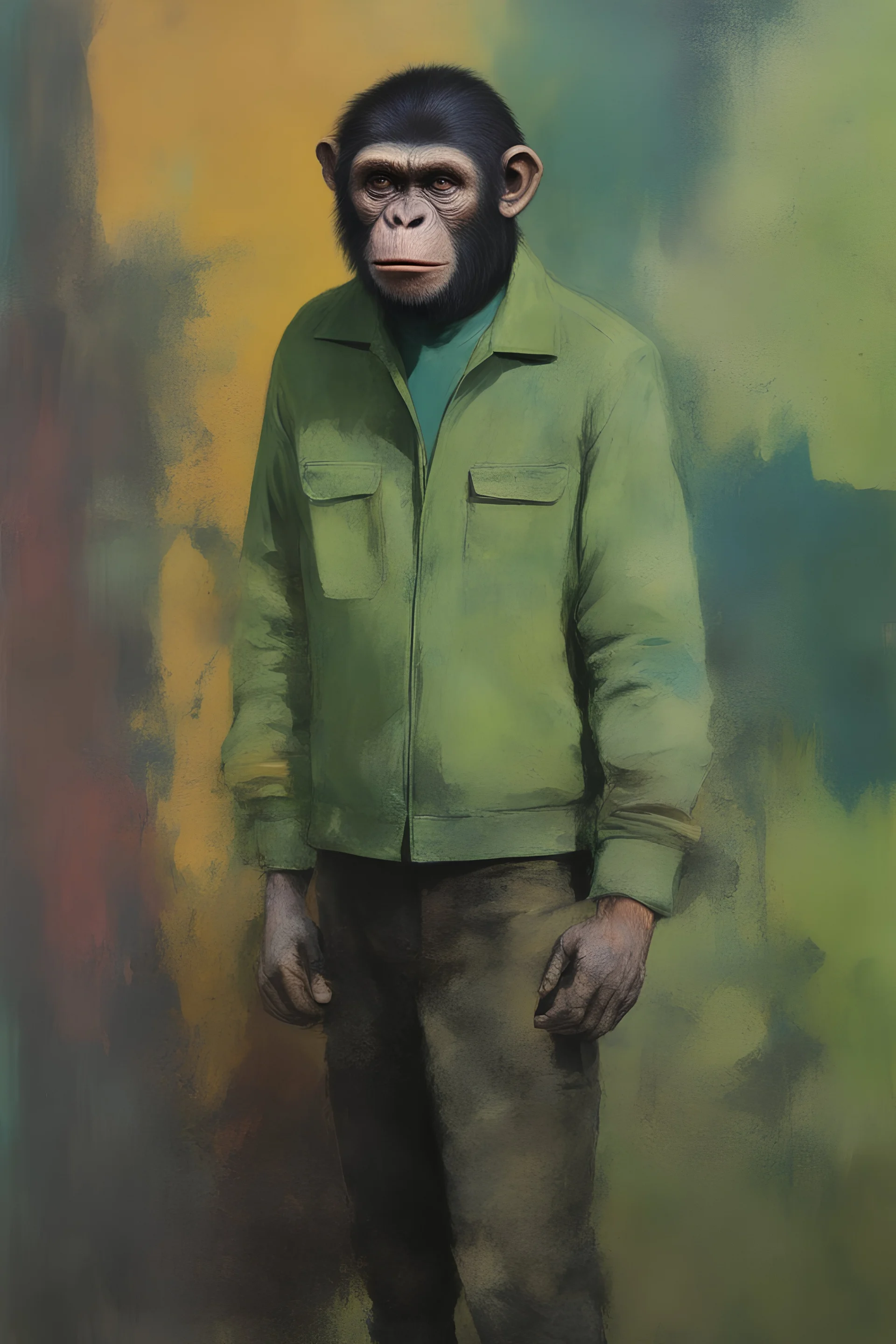 Roddy McDowall as Cornelius the chimpanzee from Planet of the Apes wearing a green jacket, an olive green t-shirt and dark green trousers with black slip-ons - extremely colorful, multicolored paint splattered wall in the background, oil painting by Leonardo da Vinci