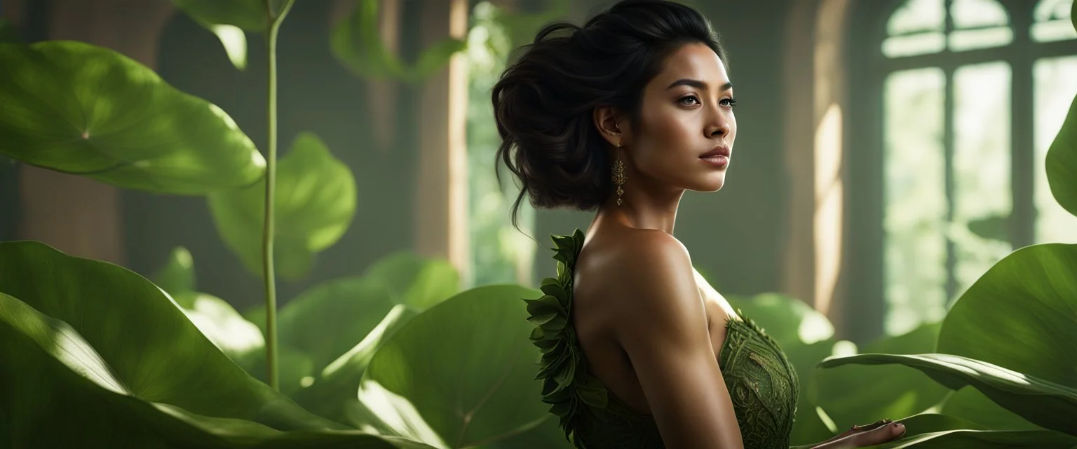 A Hyper-Realistic ,tibetain Woman ,Full Size Beautiful Natural look ,Long Legs , Bathed In Cinematic Light, Realistic Elements, Captured In Infinite Ultra-High-Definition Image Quality And Rendering, Hyperrealism, 8k Resolution, Rendered In unreal engine 5A mesmerizing depiction of dark green botanic organ mutation, inside translucent bulging glass petals. This exquisite image, possibly a painting or digital artwork, captures the complexity and elegance of this bizarre subject.the external prese