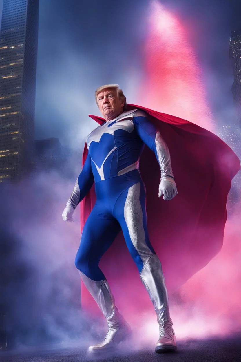 Donald Trump as 'Maga Man,' Extremely Muscular, Skintight, formfitting cobalt bodysuit, US Flag cape, silver boots, Multicolored vortex, multicolored lightning, neon lit futuristic cityscape, mist, fog, speed, extremely overexaggerated musculature, "MAGA MAN"