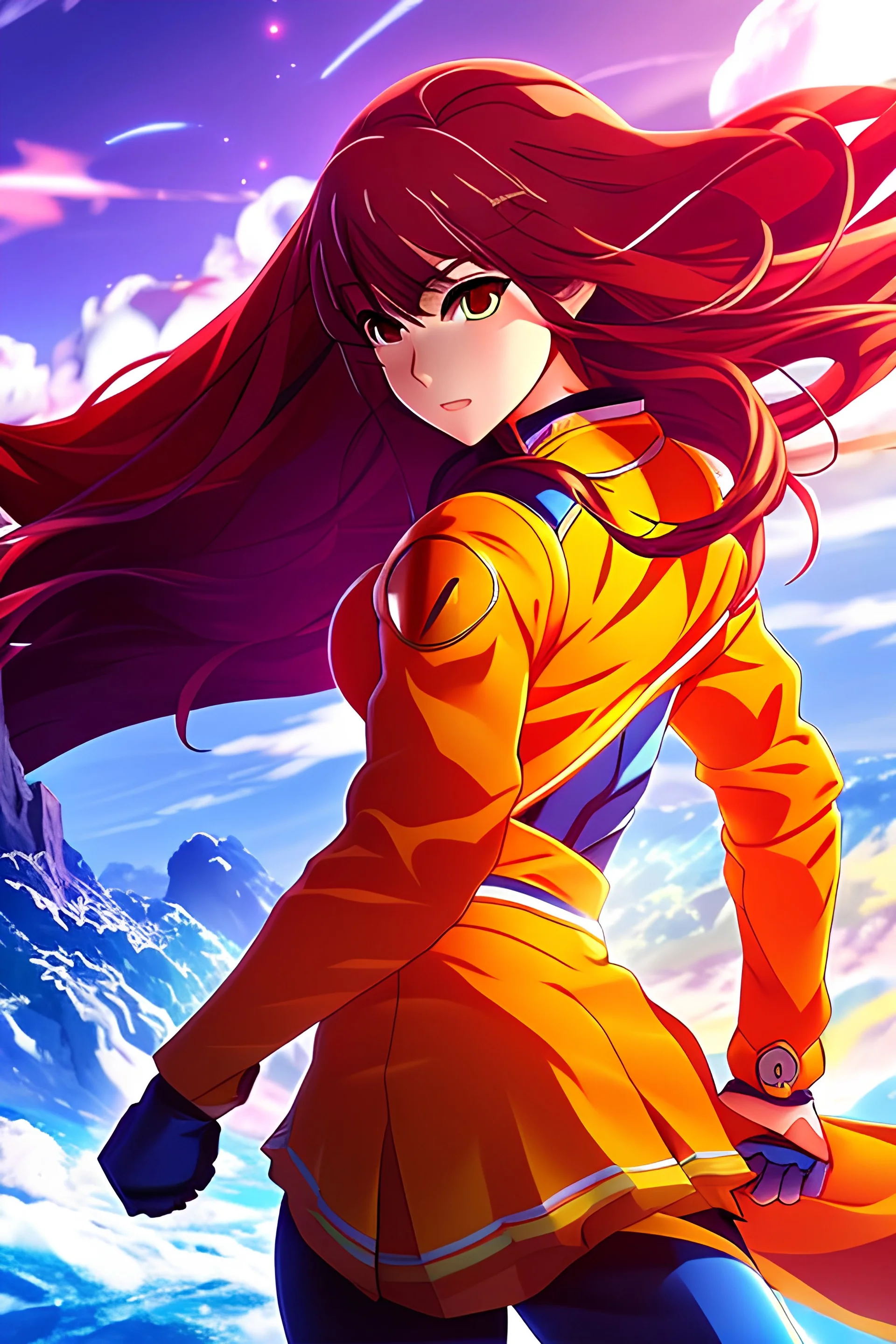 vibrant, detailed anime cover featuring a powerful female protagonist in a dynamic pose.with a mysterious figure in the foreground, surrounded by a surreal landscape.