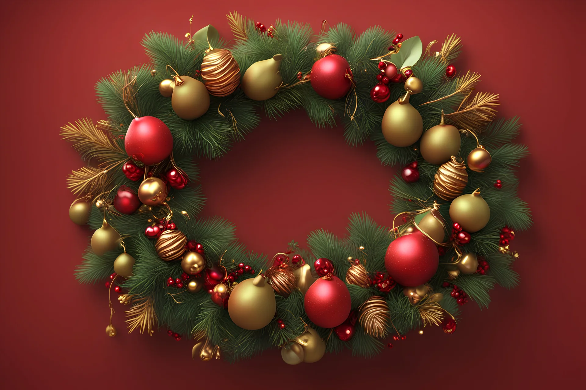 3D illustration of New Year's wreath of decorations with Christmas tree pears and a cane with caramel a deep red background, illustration, smooth 3d digital art, exquisite thee-dimensional rendering, 4K, blender, c4d, octane render , disney style 3d light, Zbrush sculpt, concept art, Zbrush high detail, pinterest Creature Zbrush HD sculpt, neutral lighting, 8k detail