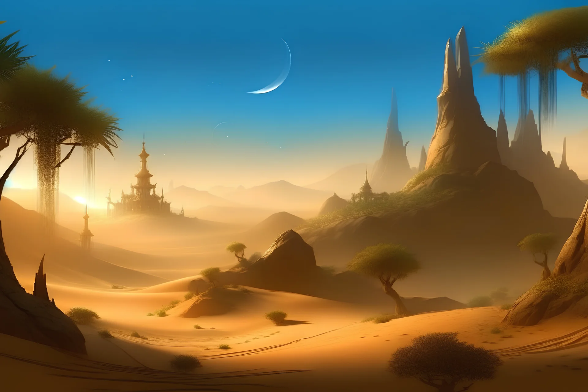 arabian desert side scroller game king castle in background night time moon light very dark with background city light