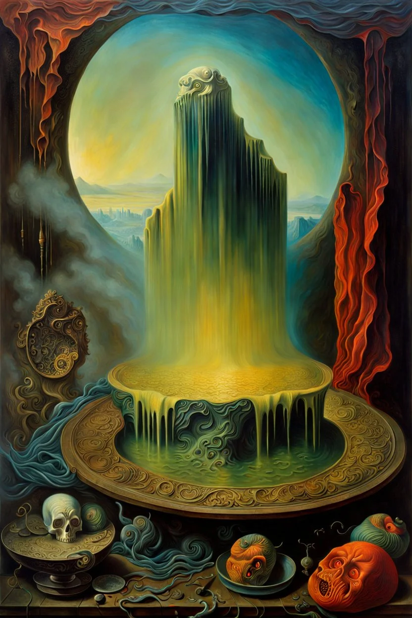 Hyperrealistic melting horror, high resolution, very detailed, volumetric light, mist, grim, fine art, decaying, textured oil over canvas, very colorful, ornate, Max Ernst