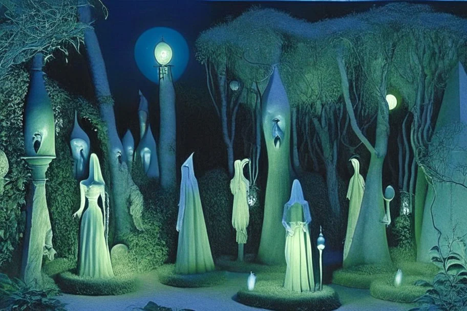 surreal gardens at night, lanterns, marble statues hiding in bushes, by artist "Leonora Carrington" and "Leonardo da Vinci"