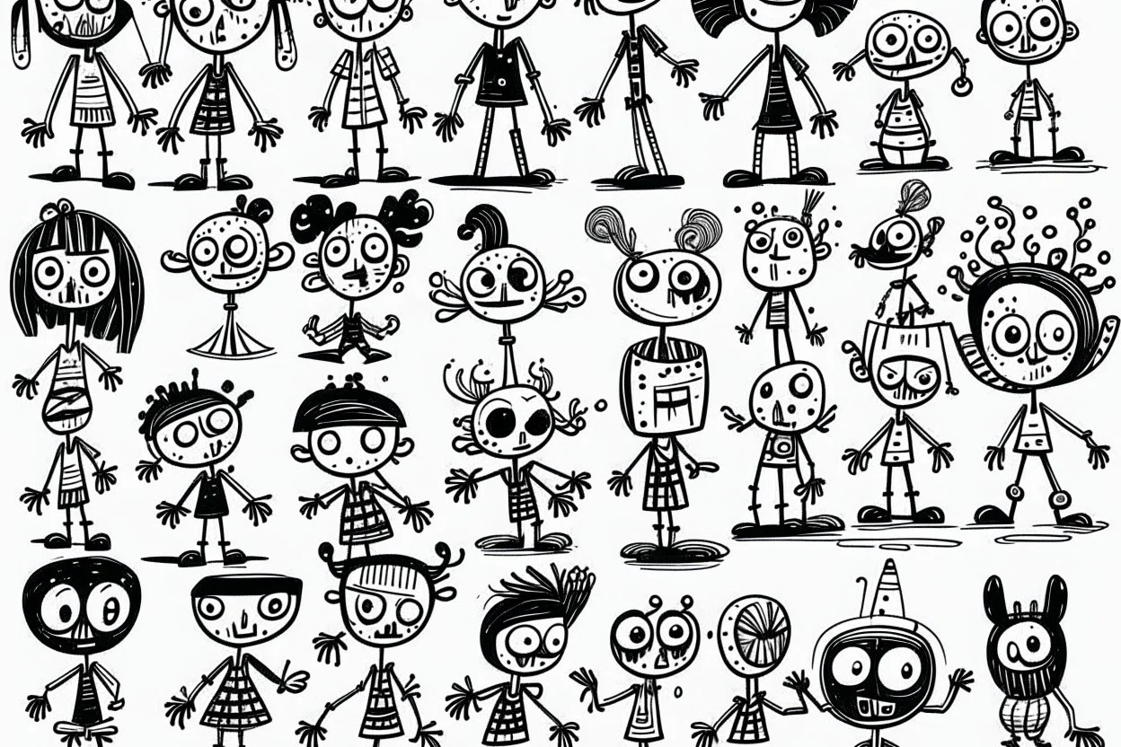 make a bunch of simple hand-drawn spooky and cute cartoon characters with bodies arms, and legs I could draw and make them all different make them looks like the 50s and 60s cartoon art