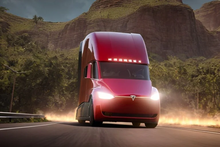 A Tesla semi-truck is racing at top speed, on the 'Jurassic Park' island. CINEMATIC. WIDE ANGLE LENS. PHOTO REAL.