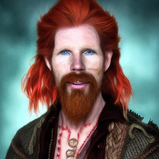 Portrait of Courtney Gains as a ruggedly handsome but joyful roguish pirate, charismatic, attractive male, masculine, perfect, precisely detailed, lightly freckled face, meticulously detailed multi-hued ginger carrot colored cherry fire red hair; Malachai of the corn; fantasy, intricate, elegant, highly detailed, digital painting, artstation, concept art, matte, sharp focus, illustration, art by artgerm and greg rutkowski and alphonse mucha