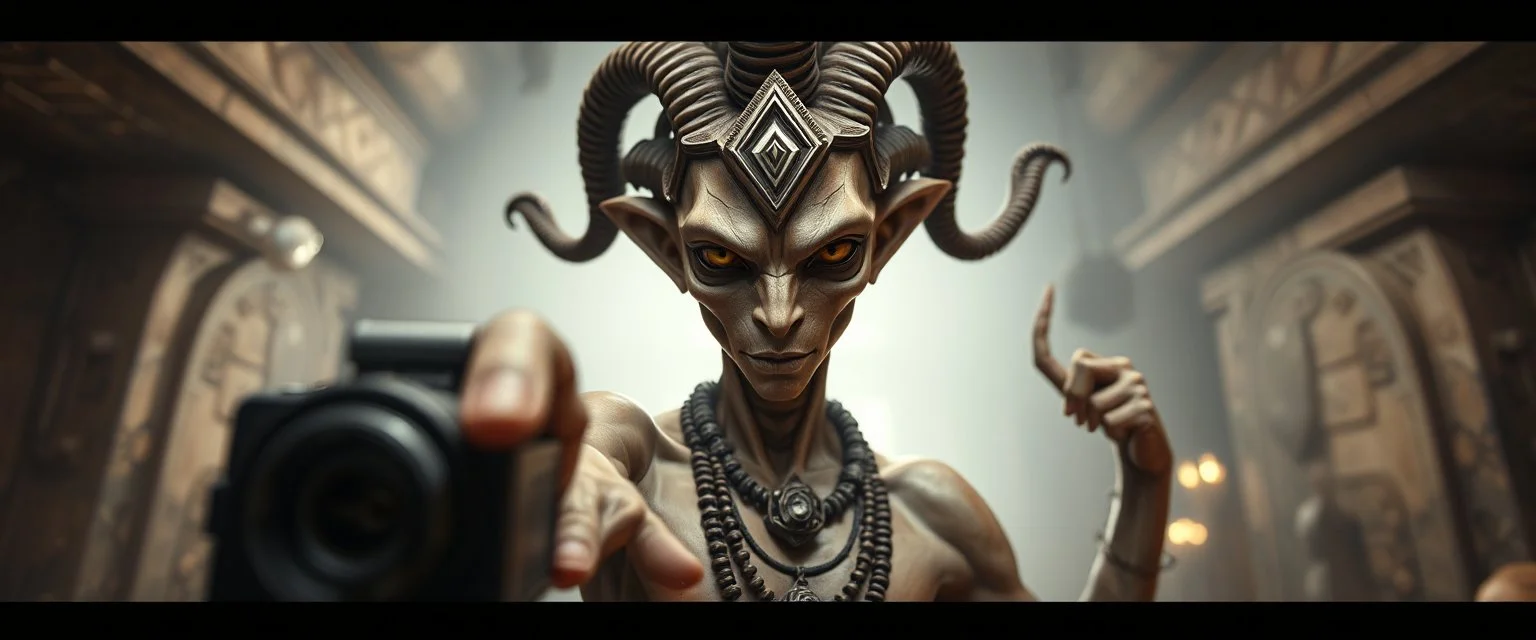 nephilim ai meat grinder camera meetup selfie smart transcendent innocent little humanoid shiva dhalsim with big serpent hairdo pointing at camera