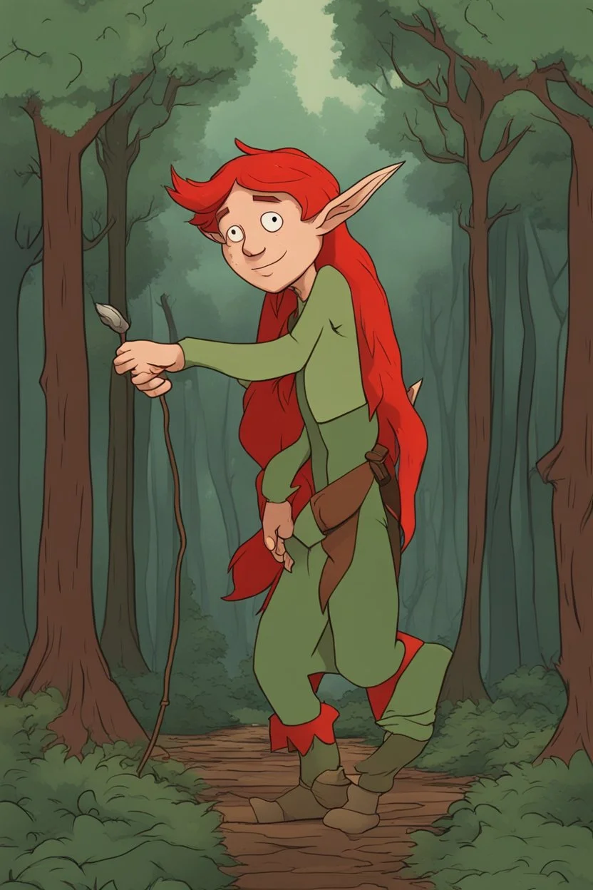 [Disenchantment, Elfo] Deep within the lush and vibrant forest of Elfwood, where towering trees stretched their canopies towards the heavens, a small and peculiar figure moved with cautious steps. This was Elfo, the elf-like creature with rosy cheeks, a perpetually naive demeanor, and a shock of fiery red hair that stood out like a beacon in the enchanted woods. Elfo was on his latest adventure, an expedition to uncover the mysteries of the great forest that had sheltered his fellow elves for