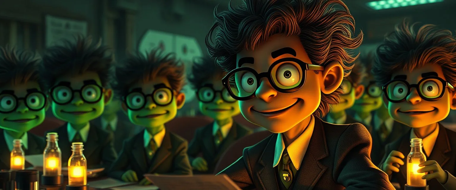 high class realism, in the style of fallout 4, A close up portrait of one person in group of mutated with hairy wigs glowing, cartoonish uranium creatures in a dimly lit boardroom, wearing tiny suits and glasses, with playful but slightly mischievous expressions. Their bodies emit a soft greenish glow. The room is filled with scattered papers, glowing vials, and miniature nuclear reactors. Style: whimsical digital illustration, cinematic lighting, colorful, slightly exaggerated features