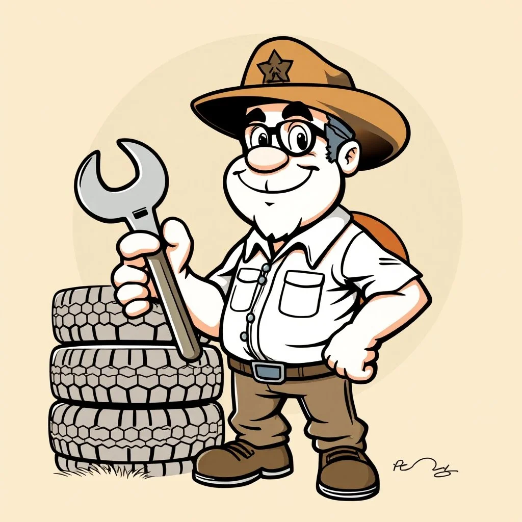 retro cartoon company mascot of a vehicle mechanic with a hint of forest ranger, holding a torque-wrench and next to a stack of tires, ranger smith