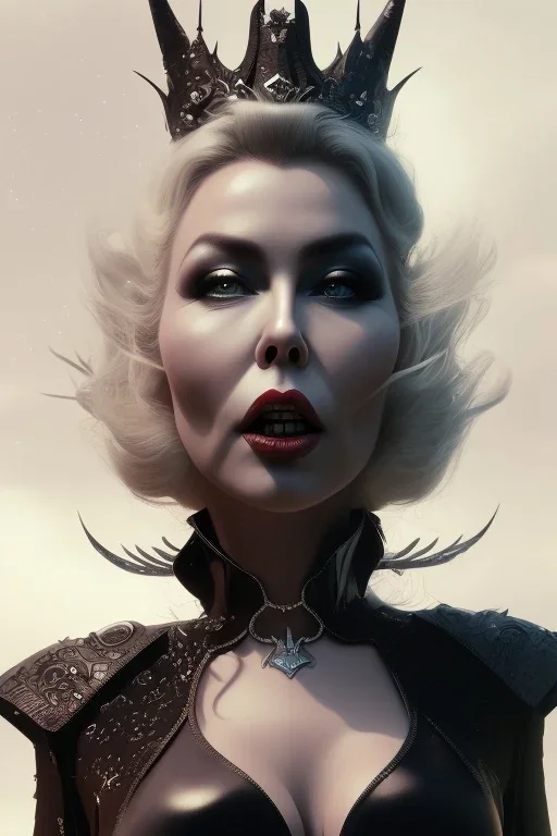 Kim Wilde as evil queen in black leather, leather, busty, cleavage, angry, stern look. character design by cory loftis, fenghua zhong, ryohei hase, ismail inceoglu and ruan jia. unreal engine 5, artistic lighting, highly detailed, photorealistic, fantasy