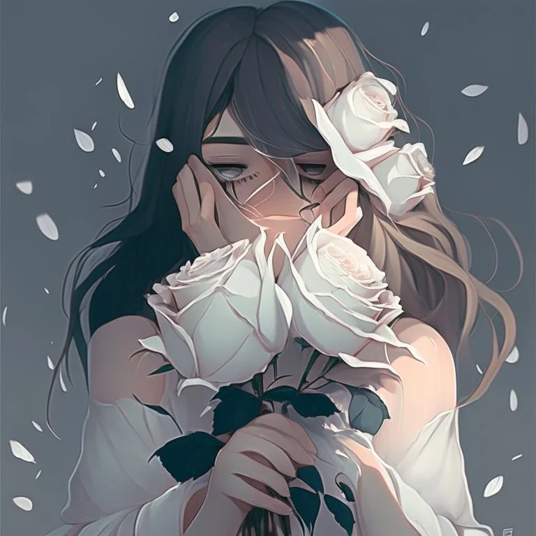 Pictures of a girl with a white background holding white roses covering her face Like from a cartoon movie, digital art, anime, 4k