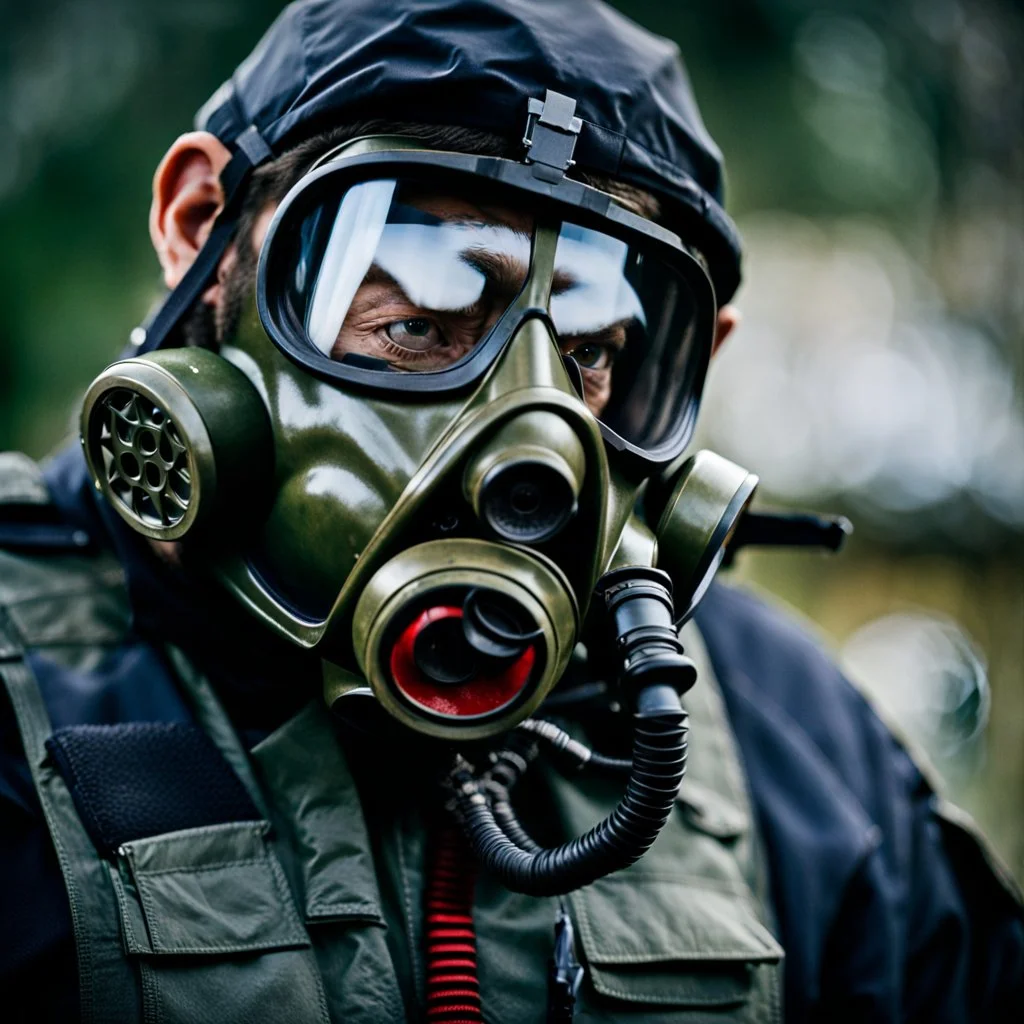 Ape Creature in a breathing device, gas mask, respirator Christopher Nolan, Dystopian, Extreme depth of field, bokeh blur, Alberta, all-natural, in the style of candid, imperfection, natural lighting, Fuji Film, Anamorphic lens