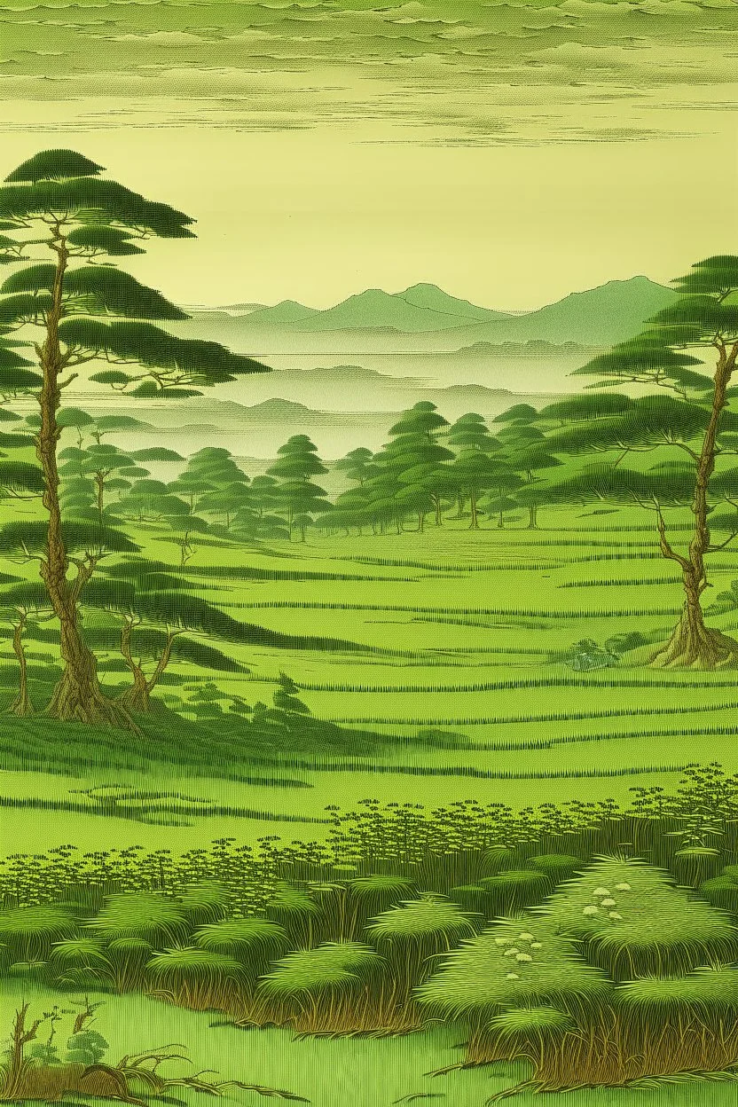 An olive green meadow with plants and trees painted by Utagawa Hiroshige