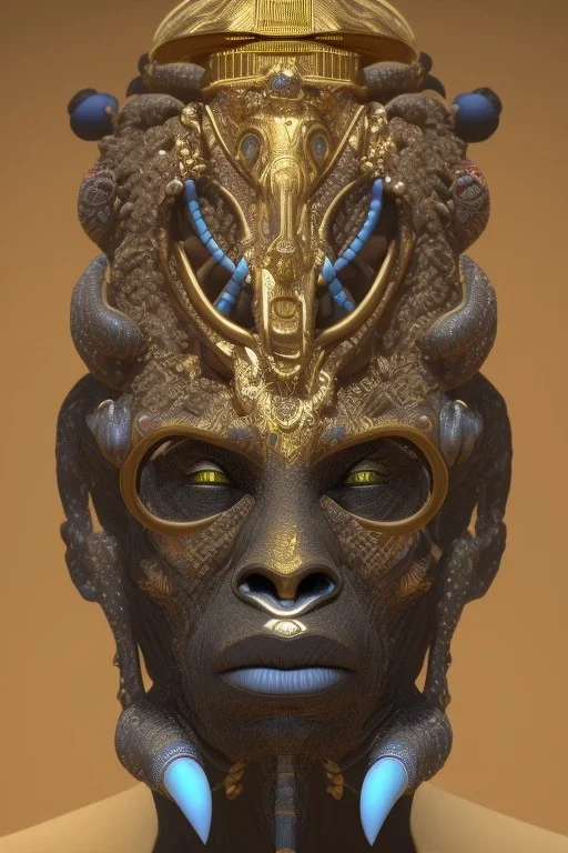 black male African Egyptian alien, cracks in the voodoo head, wicked, eyes, crown, Elephant, 8k, finely detailed, photo realistic, tiger turquoise skull head gold dragon space alien snow skeleton gold gorilla silver crown silver eyes