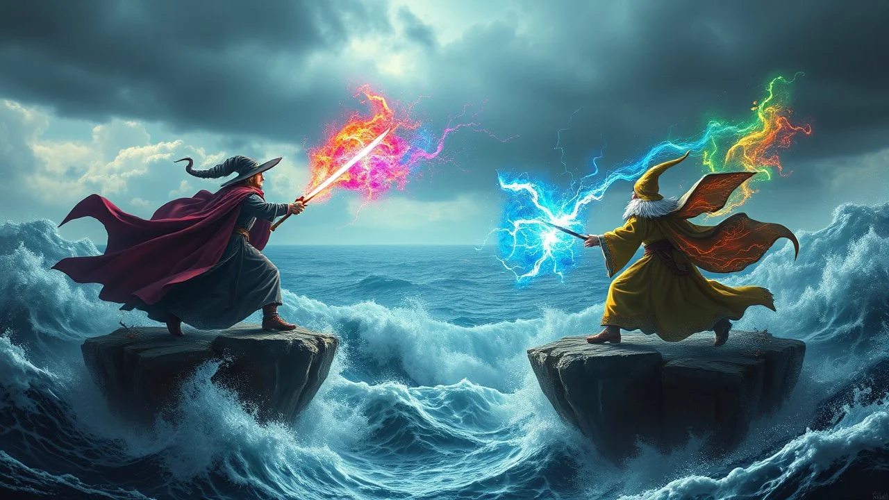 A magical duel between two wizards in a floating arena above a stormy sea, with colorful, electrifying spells lighting up the sky as waves crash far below. Photographic quality and detail, award-winning image, beautiful composition.