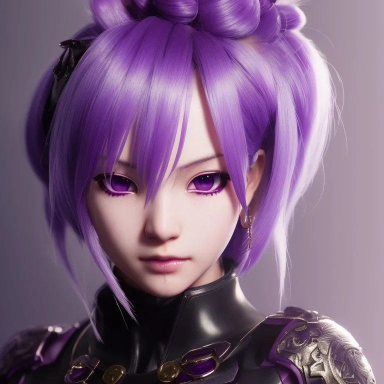 Detailed cute anime Kunoichi girl, purple hair buns, purple bangs, black latex bodysuit, intricate details, full body portrait, keep head in frame, slight smile, black Japanese motif, concept art, highly detailed, digital painting, concept art, sharp focus, illustration, art by Yoji Shinkawa, WLOP and greg rutkowski and alphonse mucha and artgerm and yanjun Chen and Junji ito and Makoto Shinkai, HDR, octane render