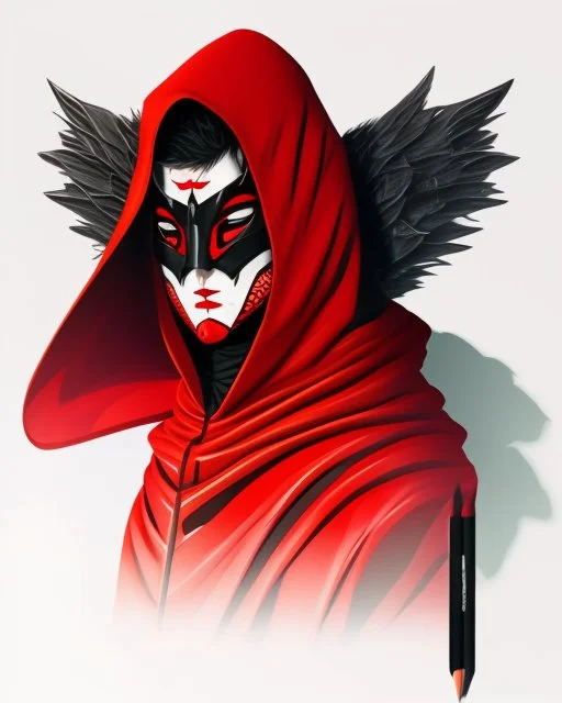 Draw an illustration with a red and black hood and a dragón mask over they eyes, front view