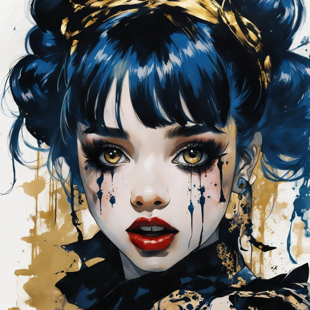 Poster in two gradually, a one side malevolent goth vampire girl face and other side the Singer Melanie Martinez face, painting by Yoji Shinkawa, darkblue and gold tones,