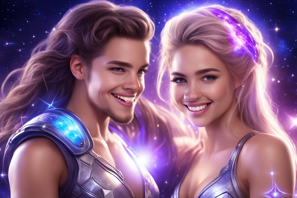 very beautiful women with a little smile, with his boyfriend that is a sweety strong cosmic warrior in peace. in a background of stars and bright beam in the sky