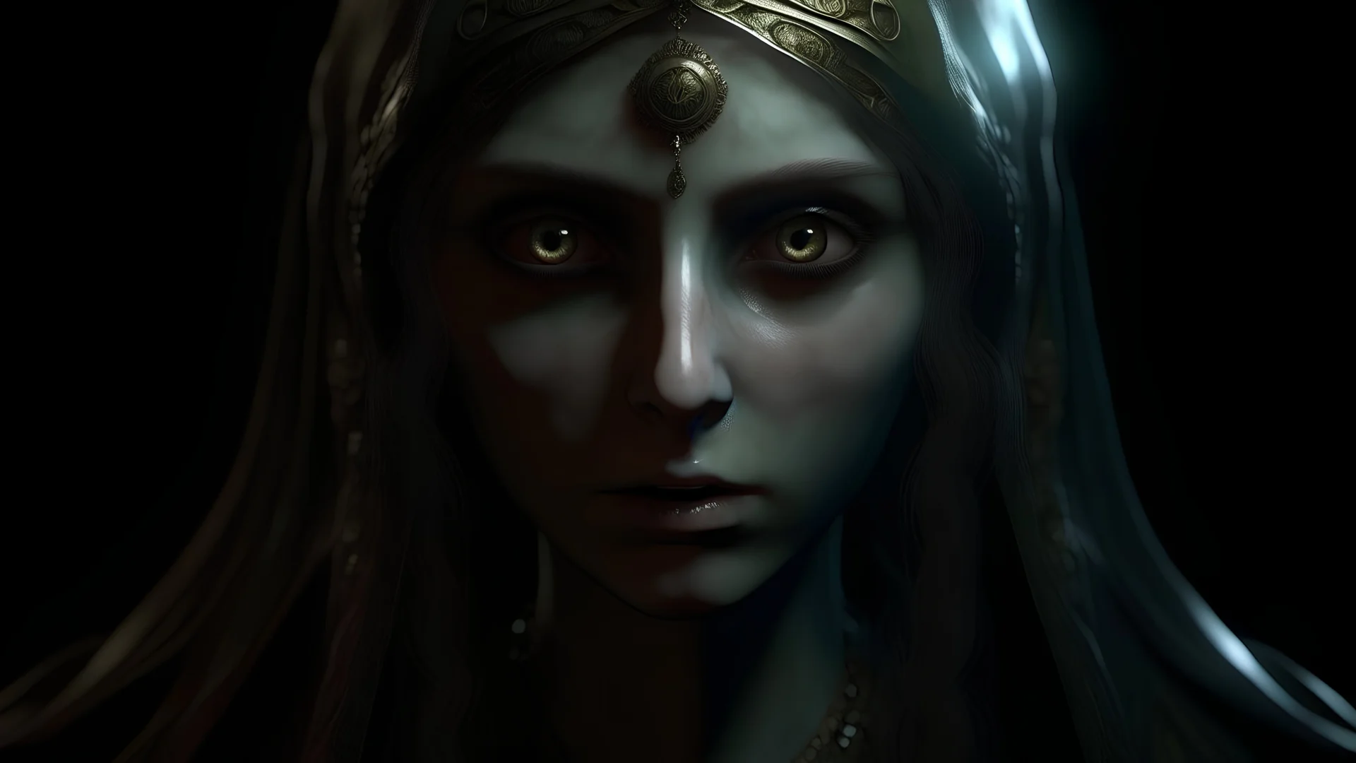 Transcendent being, jinn face, be a girl, horror, with mysterious eyes, full face, bust, real, high quality, 4k, be clear