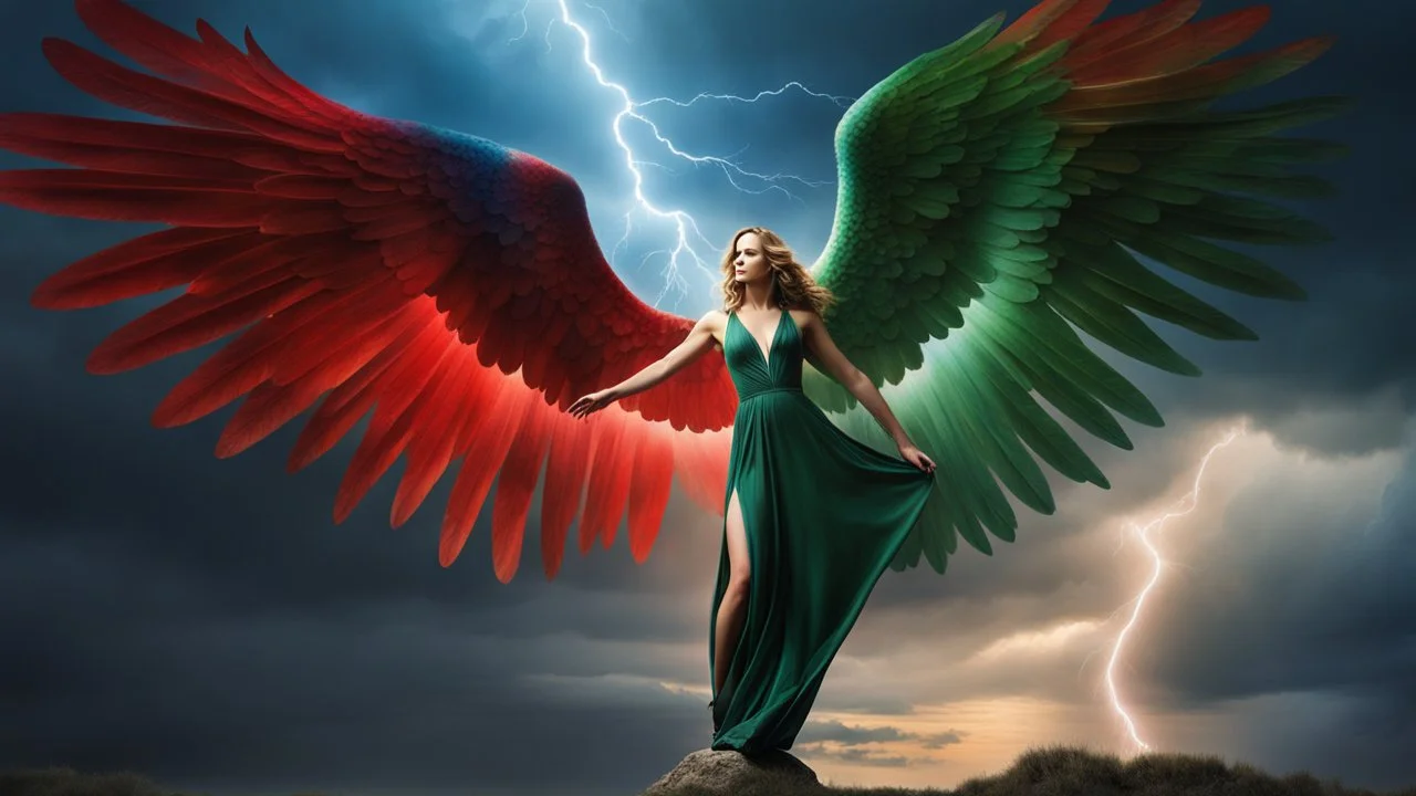 a powerfull angel with the face of Jenifer Lawrence . huges wings. blues, green and red lightning. beautiful arms and hands. transparent nail polish. exquisite realism, a masterpiece, fantasy concept art, dynamic lighting, hyperdetailed, intricately detailed, deep color, volumetric lighting, Epic cinematic brilliant stunning intricate meticulously detailed dramatic atmospheric maximalist,