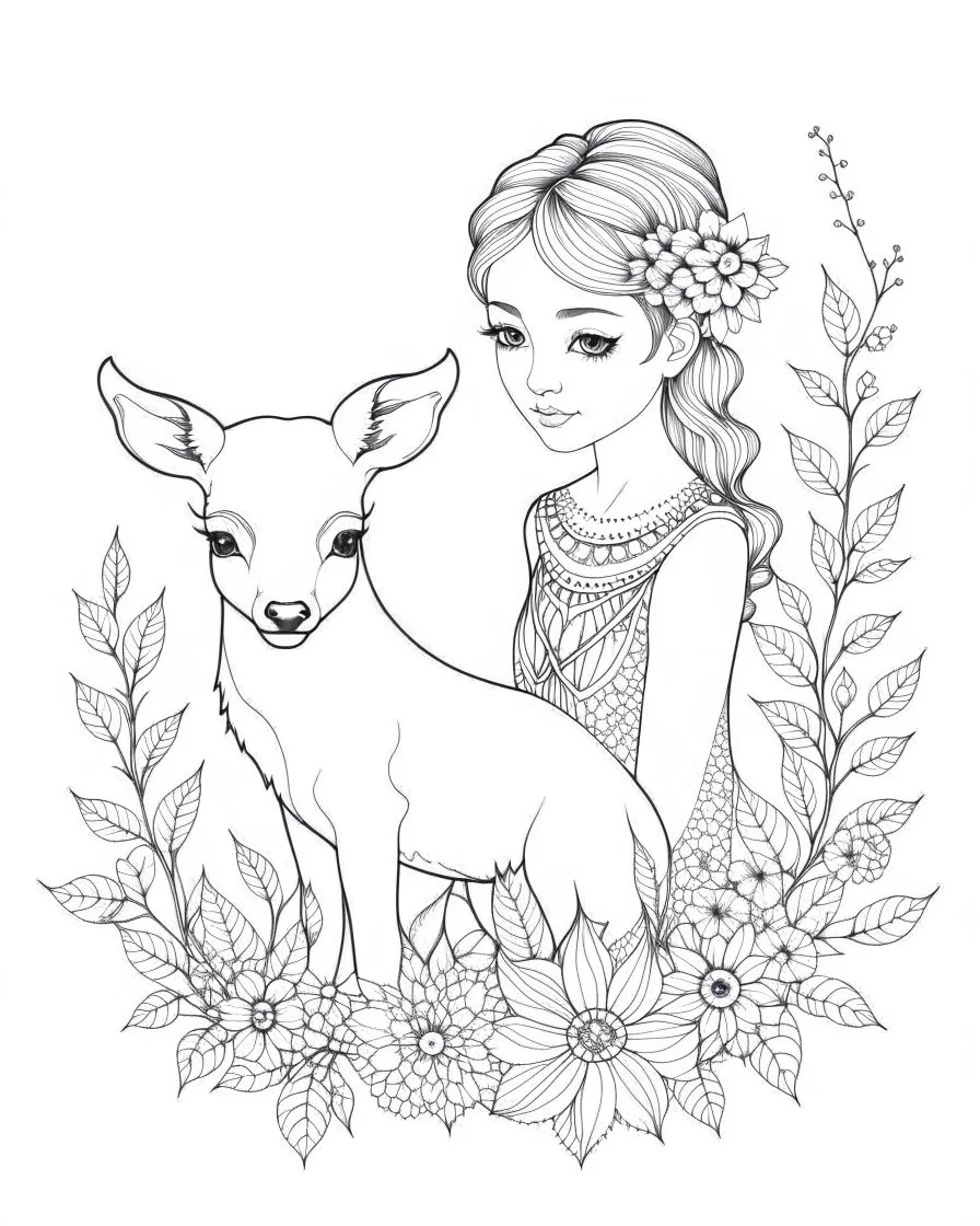 A beautiful girl proudly showing off her finished "A small deer made of flowers and water. Art drawing ; link , super detailed, line art, vector, svg," coloring page,