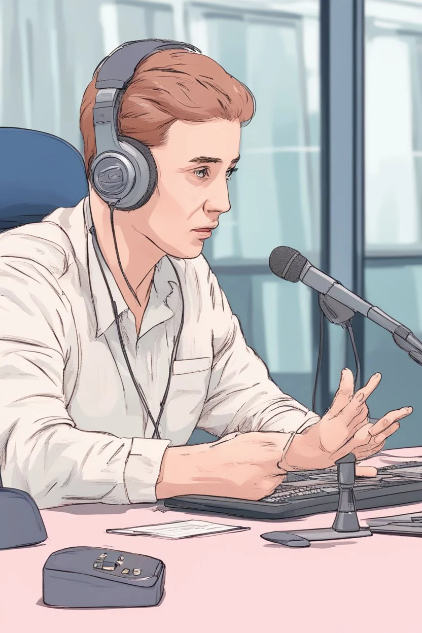 The simultaneous interpreter is sitting at a table with headphones with a microphone at a foreign briefing, the background is blurred, everything is in pastel colors, the hands are drawn with precision.