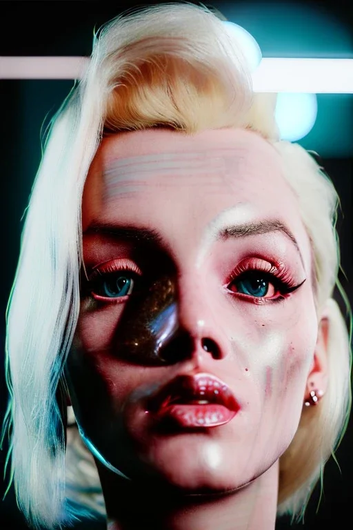 Ultra Realistic image, portrait, blonde woman, sweet Marylin Monroe face, perfect iris, glow eyes, makeup. Cyberpunk style, oversized transparent latex coat, yakuza tattoos. fog, rain, soft color, highly detailed, unreal engine 5, ray tracing, RTX, lumen lighting, ultra detail, volumetric lighting, 3d, finely drawn, high definition, high resolution.