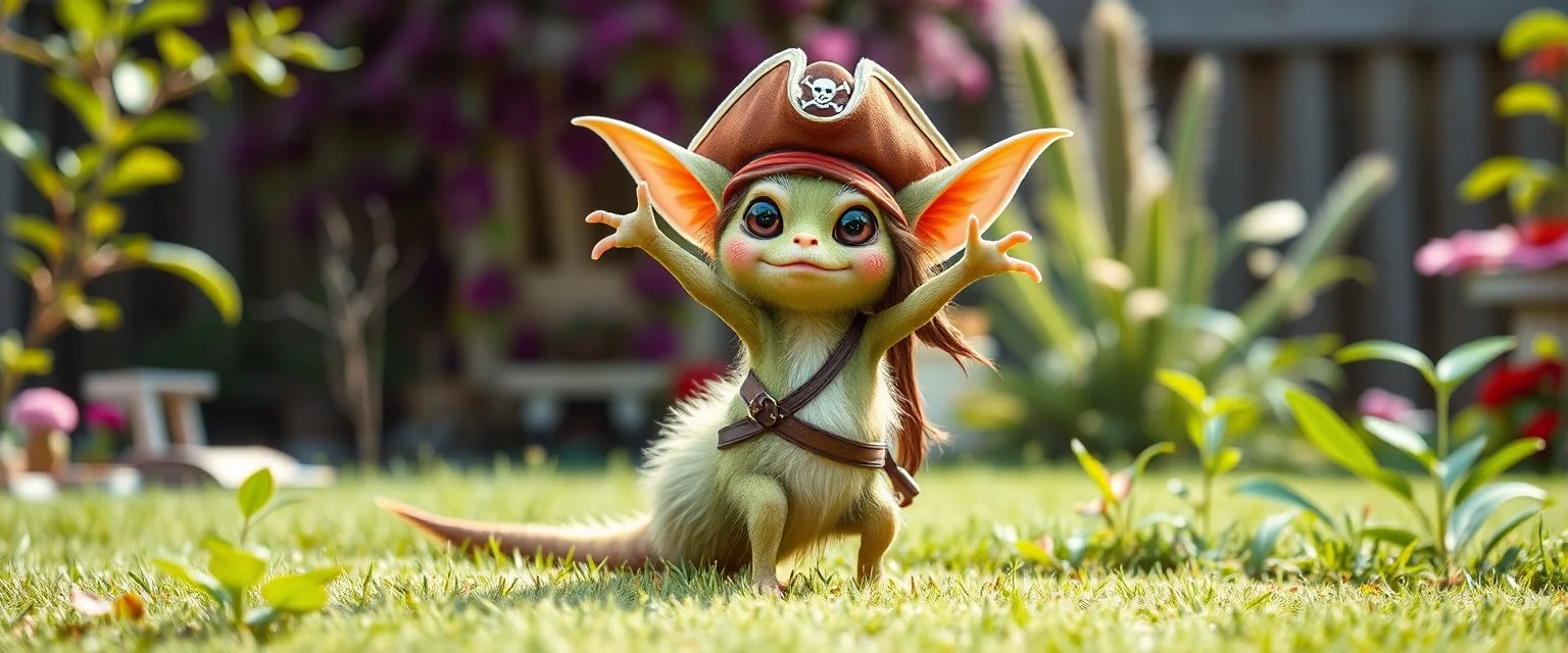 totally symmetric fluffy gremlin slug nice cheerleader pirate in garden doing her thing full body portrait T-pose