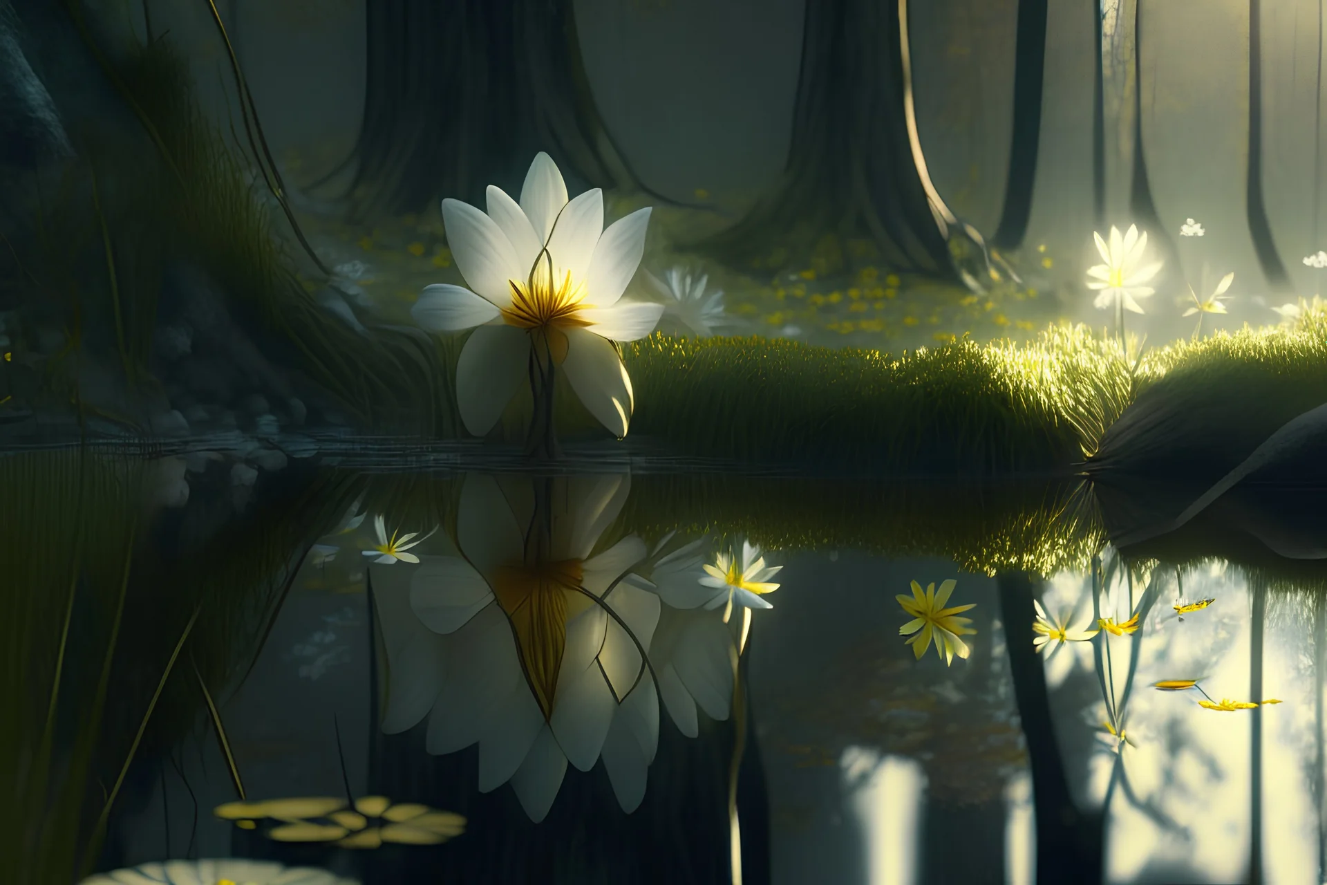 narcissus, in forest by lake, book illustration, fine detail, 4k, trending, volumetric light, depth of field