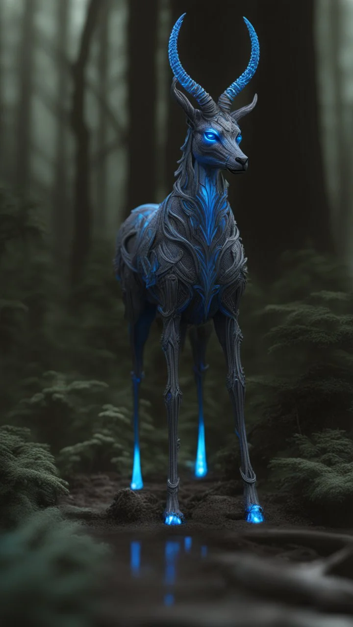 Dark forest, fantasy forest, gazelle with blue neon Crystal horns , intricate details, highly detailed, dreamshaper finetuned model with dynamic art style witg