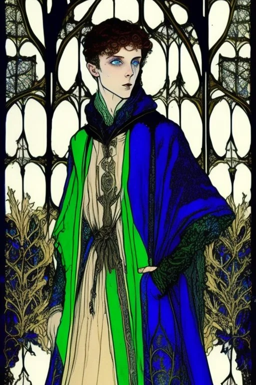 Young male alchemist with blue eyes, wearing long robes, holding a potion flask in the style of Harry Clarke