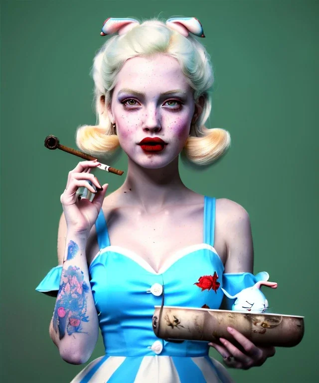 Ultra realistic portrait, wonderland, happy blonde Alice smoking a pipe, blue dress accompanied by elegant anthropomorphic white rabbit, circus dress style, old school tattoo, laughter, smoke, marijuana garden, mushroom lamps, glow eyes, perfect iris, soft color, highly detailed, unreal engine 5, ray tracing, RTX, lumen lighting, ultra detail, volumetric lighting, high definition.