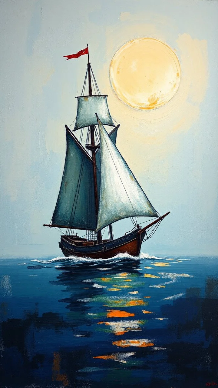 A sailing ship with a moon abstract painting