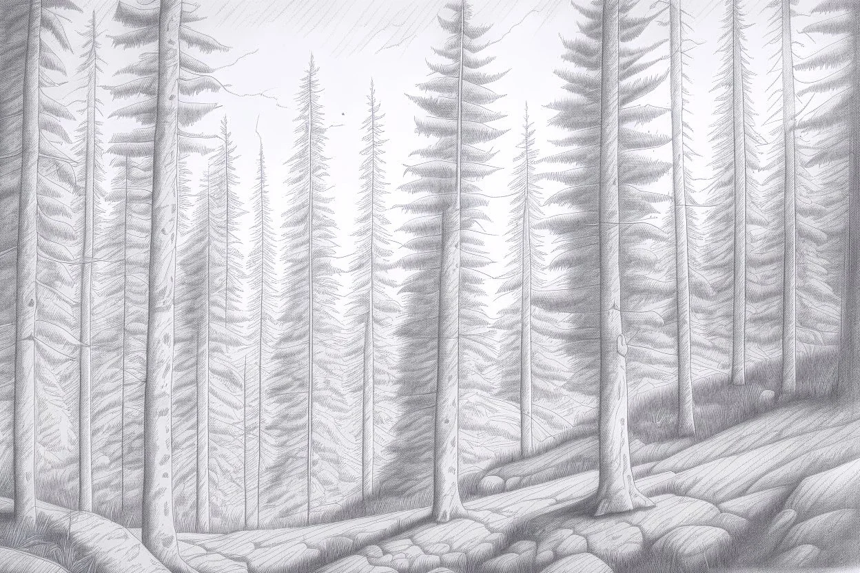 Norwegian forest, woodland- Pencil drawing, illustrative, graphite, crosshatching