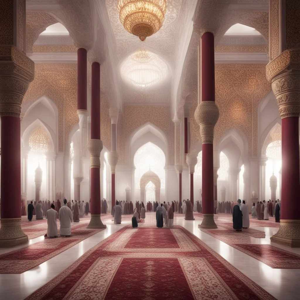 Hyper Realistic lots of people Praying-Namaz inside a huge Mosque-hall-with-white-&-maroon-walls-&-fancy-pillars decorated with traditional-lamps & beautiful carpets showing dramatic-&-cinematic-ambiance